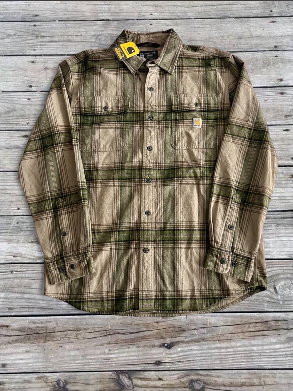 Carhartt Men’s Tan & Olive Plaid Button-Up Work Shirt